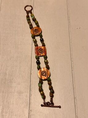 Handcrafted Green and Copper Beaded Toggle Bracelet - Vintage
